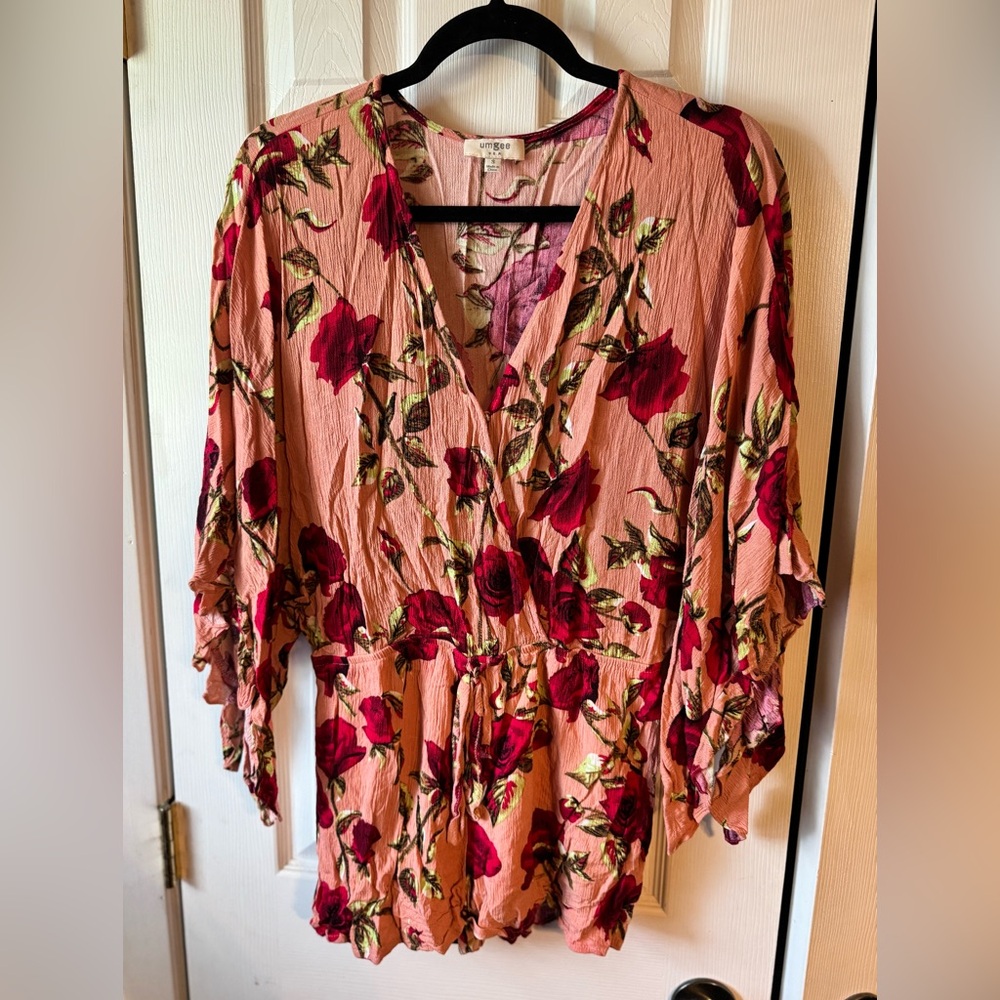 Umgee Red Flutter Sleeve Floral Romper